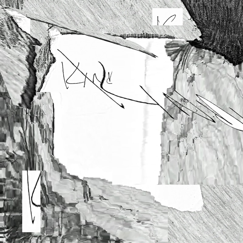 Digital collage of grey digital drawing textures and black and white handwritten note with a word partially erased so only "kind" is visible and also copied and stretched and superimposed over itself and part of the grey textures, two small rectangles of the writing have been cut and copied into the top edge and bottom left