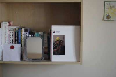 The Duckface book neatly nestled in the corner nad facing outwards of a wall mounted wooden bookcase with a small mirror and a row of books