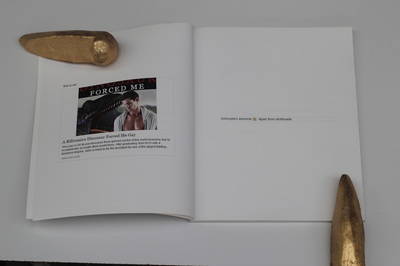 A book held open on a white table with golden skatestops as paper weights, left page reads "this is art" above an advert for a book titled "A Billionaire Dinosaur Forced Me Gay", right page reads "Everyone's awesome smiley. Apart from dickheads." 