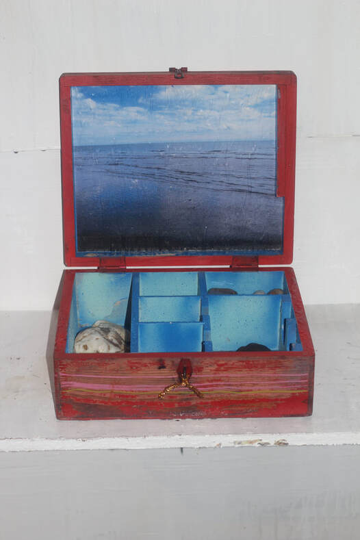 Red wooden box resting on a white shelf, open with a printed photo of a calm blue sea under a clear blue sky stuck inside the lid, and blue compartments full of sea shells and beach stones