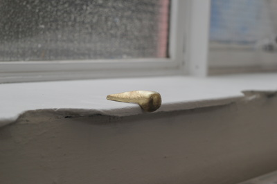 Golden skate stop on a white indoor window sill