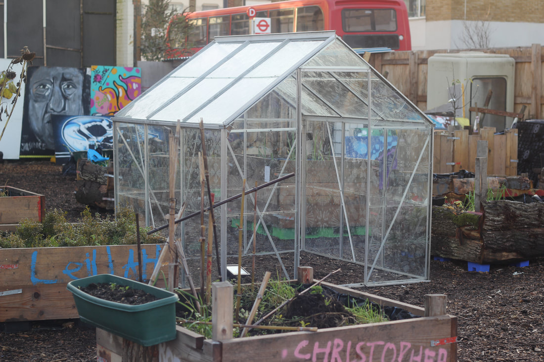 Empty greenhouse in an urban community garden laser etched plant patterns in every glass pane