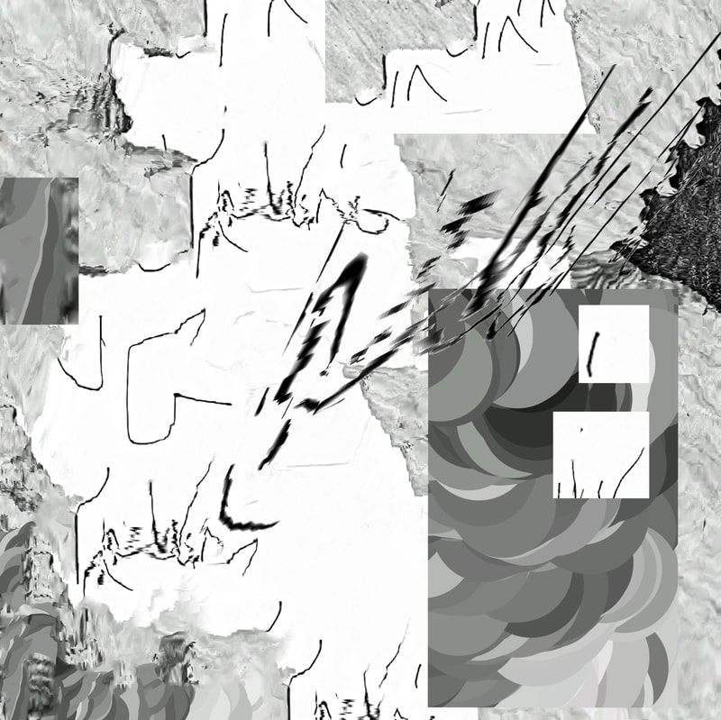 Digital collage with grey digital drawing textures and distorted white paper with repeated handwriting segments, large rectangle of dark grey overlapping circles on bottom right with two small white squares with black handwriting within it, distorted handwriting superimposed over top right quarter