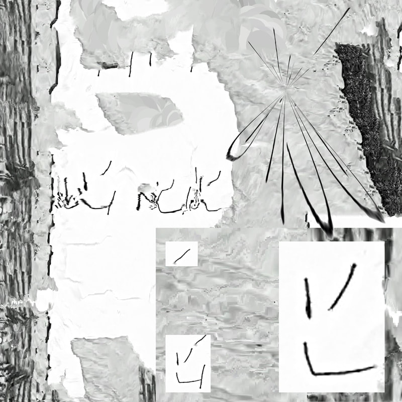 Digital collage of grey digital drawing textures and distorted white paper with handwriting segments, several small rectangles of black on white handwriting around the image and one larger rectangle of black on white handwriting in the bottom right corner
