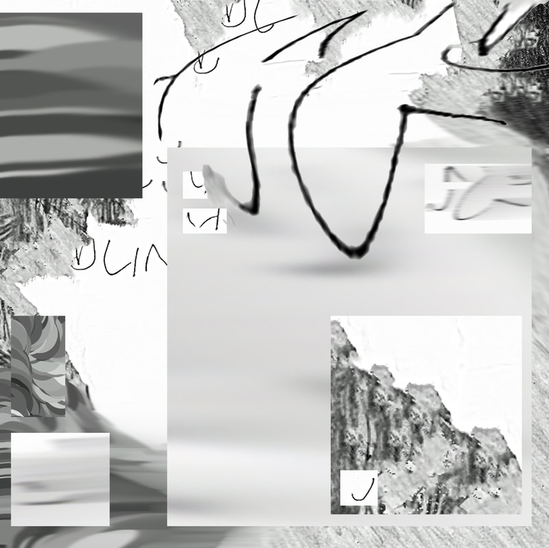 Digital collage of grey digital drawing textures and distorted white paper with handwriting segments, a large light grey rectangle of blurred light grey drawing texture toward the bottom right, with a smaller rectangle of grey drawing texture within, a large segment of distorted handwriting superimposed across the top 