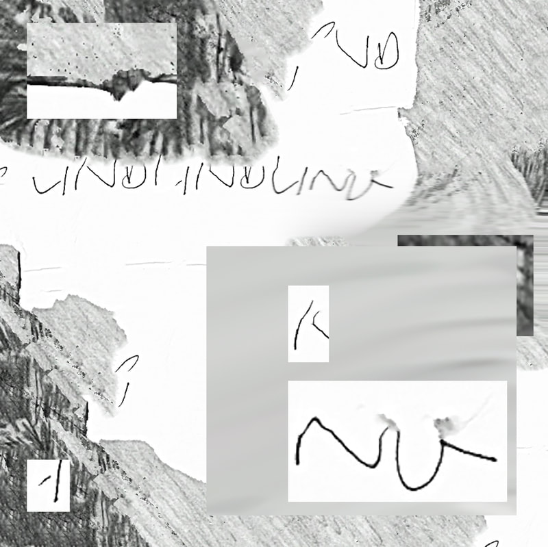 Digital collage of grey digital drawing textures and distorted white paper with repeated handwriting segments, a large rectangle of light grey blurred drawing texture in the bottom right with smaller rectangles of black on white handwriting segments within it, a small rectangle of torn paper edge in the top left corner
