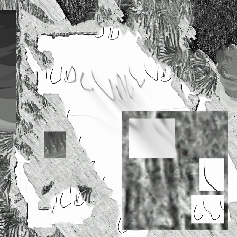 Digital collage of grey digital drawing textures and white paper with handwriting segments, a handwriting segment is smudged downwards in the middle, a large rectangle of dark grey drawing texture in the bottom right with three small rectangles of black on white handwriting segments within it, one of which is blurred