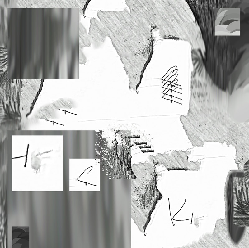 Digital collage of grey smudged digital drawing textures with distorted white paper and repeated overlapping handwriting segments, a large rectangle of blurred dark grey drawing texture on the bottom left with two squares of black on white handwriting segments within it, one square slightly smaller, a square of dark grey drawing texture on the upper left