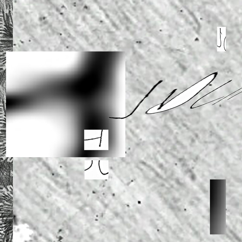 Digital collage of one enlarged light grey digital drawing texture, a strip of dark grey more complex drawing texture along the left edge, a large square of black and white blur centre left, two small white rectangles cuts of black handwriting within and below the blurred square aligned, some unreadable stretched text superimposed over the image centre right