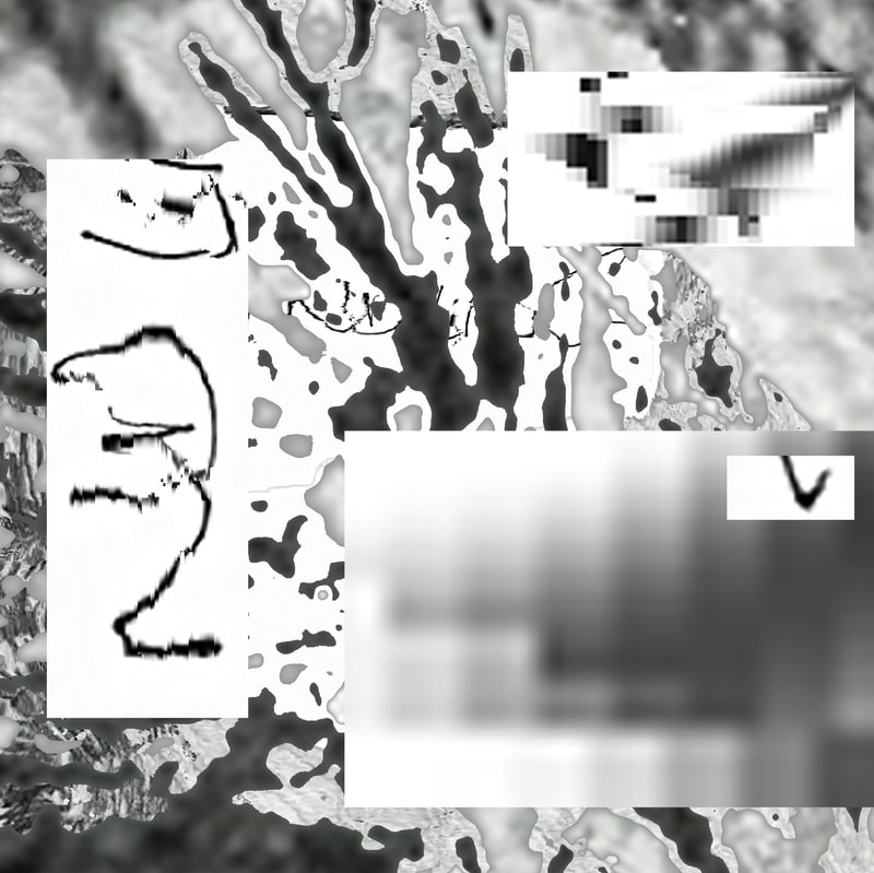 Digital collage of distorted grey drawing textures, two white rectangles with distorted pixellated black handwriting on the right and upper left, large square of dark grey pixels on the lower left